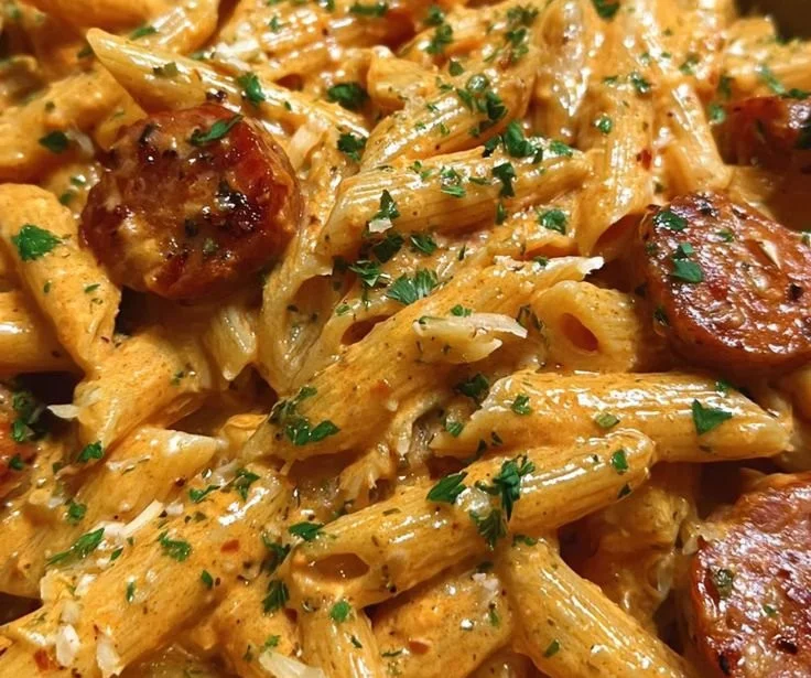 Creamy Spicy Cajun Sausage Pasta in a bowl garnished with herbs