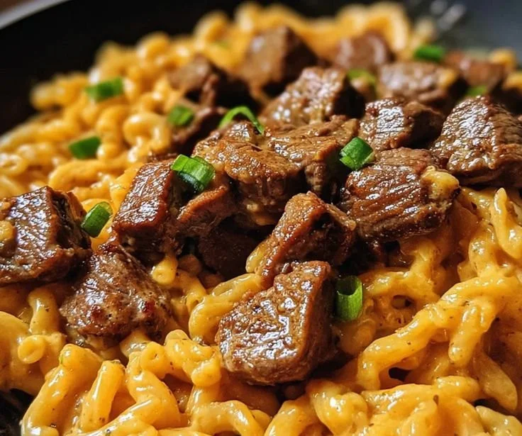 Creamy spicy Cajun steak bites pasta in a skillet.