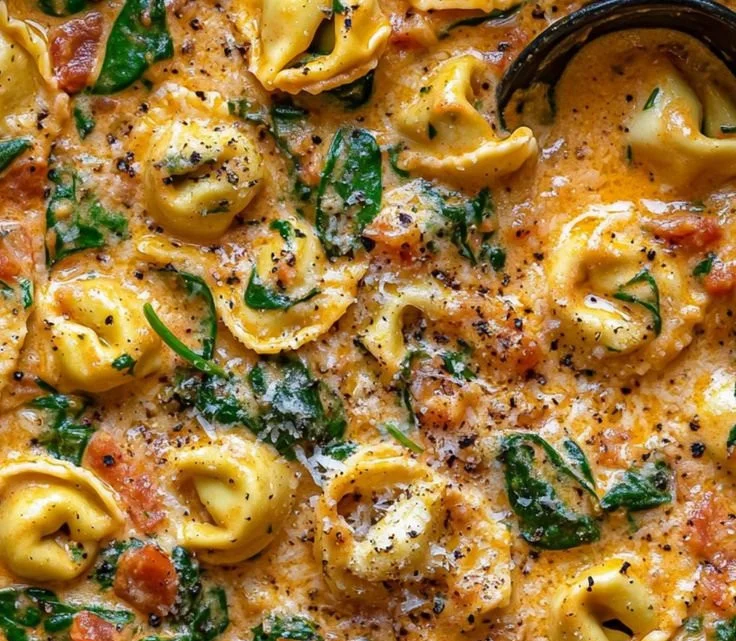 Creamy Spinach and Tomato Tortellini served in a bowl garnished with fresh herbs.