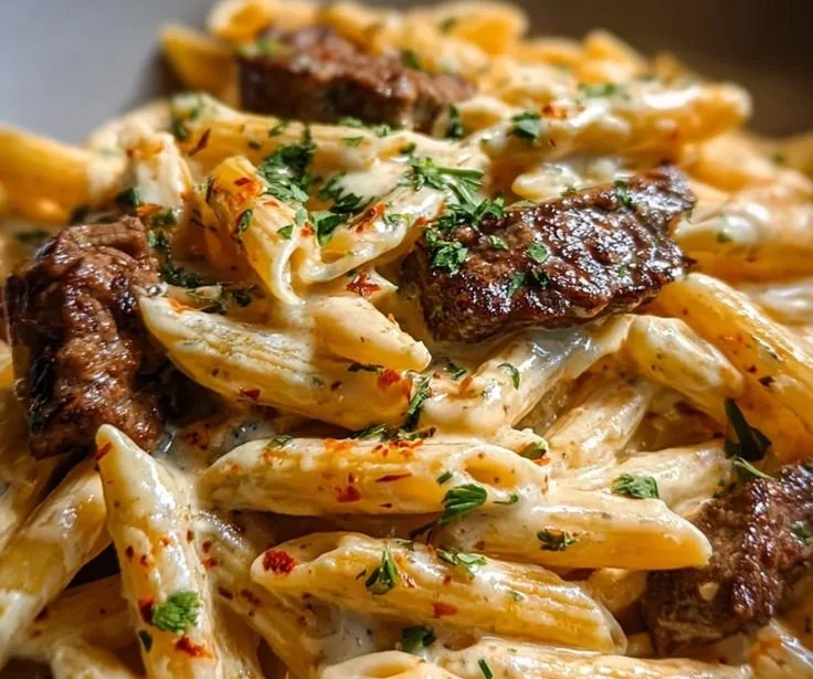 Creamy white cheddar cajun steak penne served in a bowl, garnished with herbs