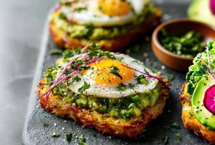 Crispy avocado hash browns served with fresh herbs and spices