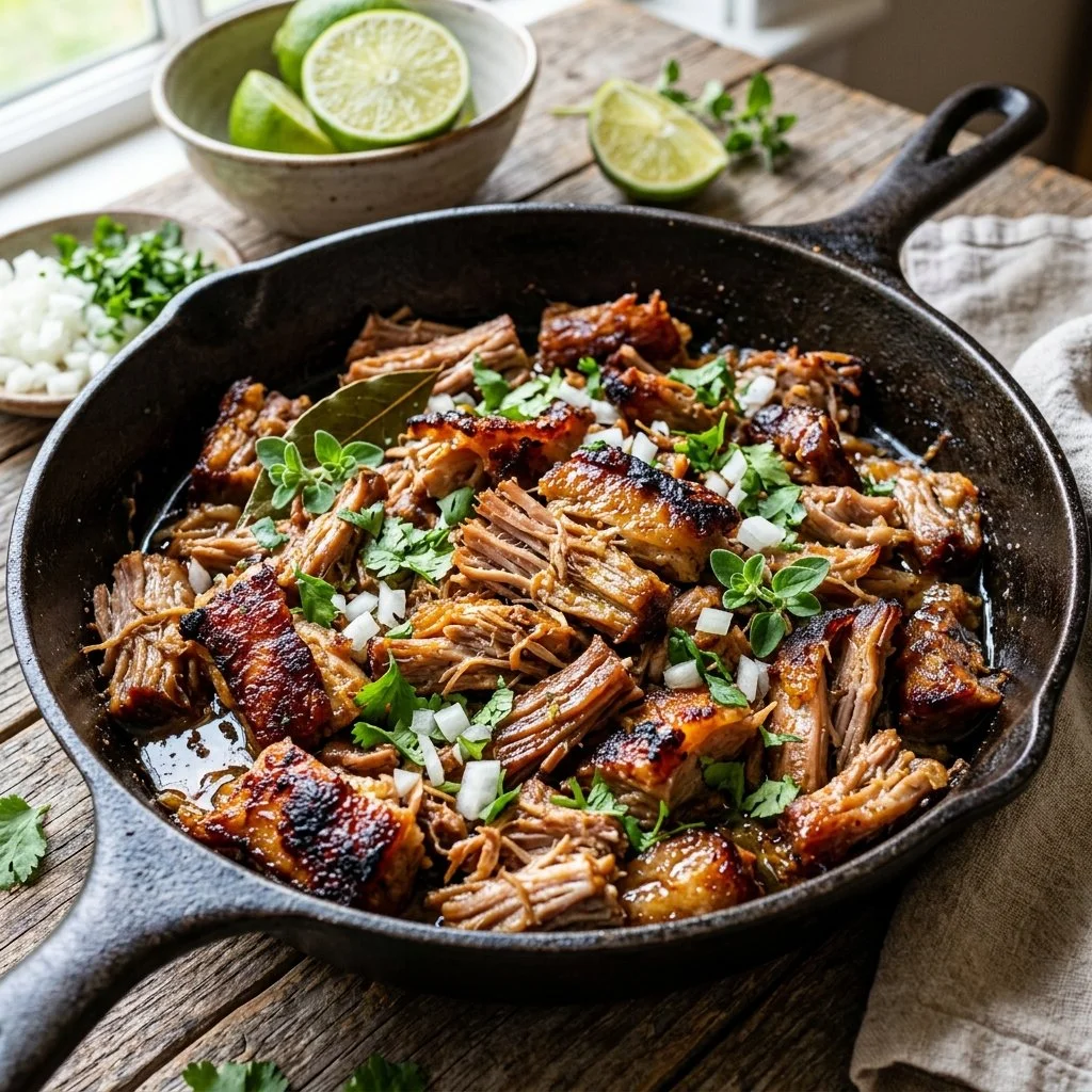 Crispy pork carnitas cooked to perfection, served in a traditional Mexican dish.