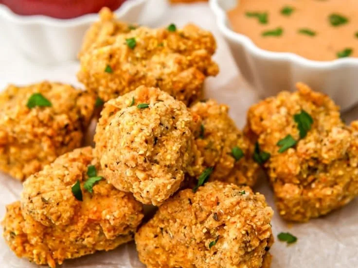 Crispy tofu nuggets styled like fried chicken, golden and appetizing