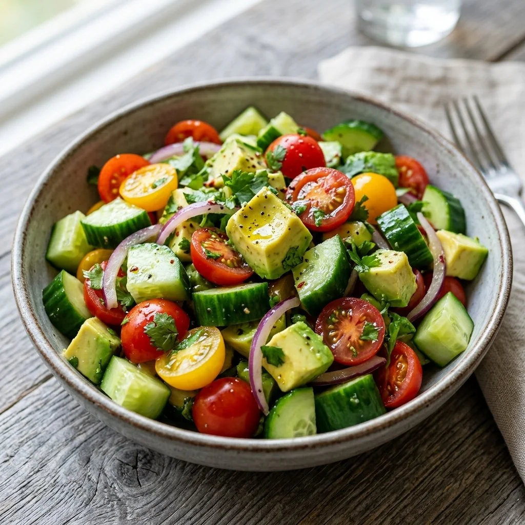 Fresh Cucumber Avocado Salad with tomatoes and herbs as a healthy dish