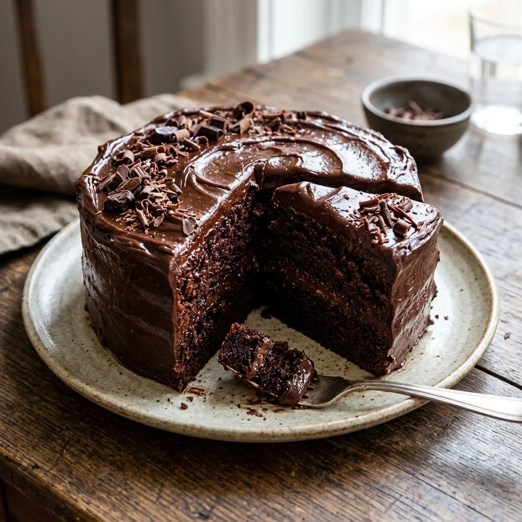 Death by Chocolate Cake with layers of rich chocolate frosting and garnishes