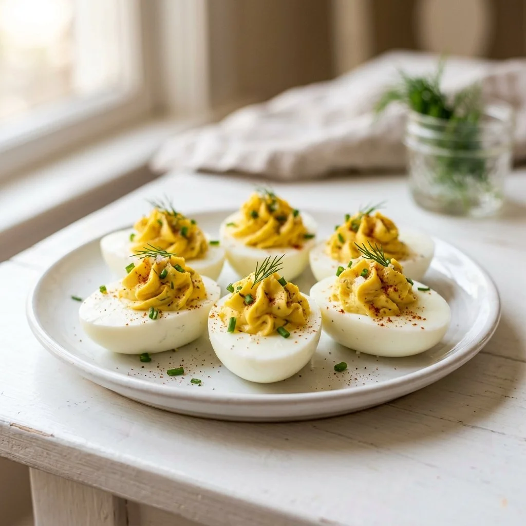 Delicious deviled eggs displayed on a platter for a party.