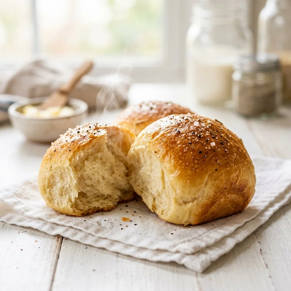 Freshly baked dinner rolls served warm on a wooden table.