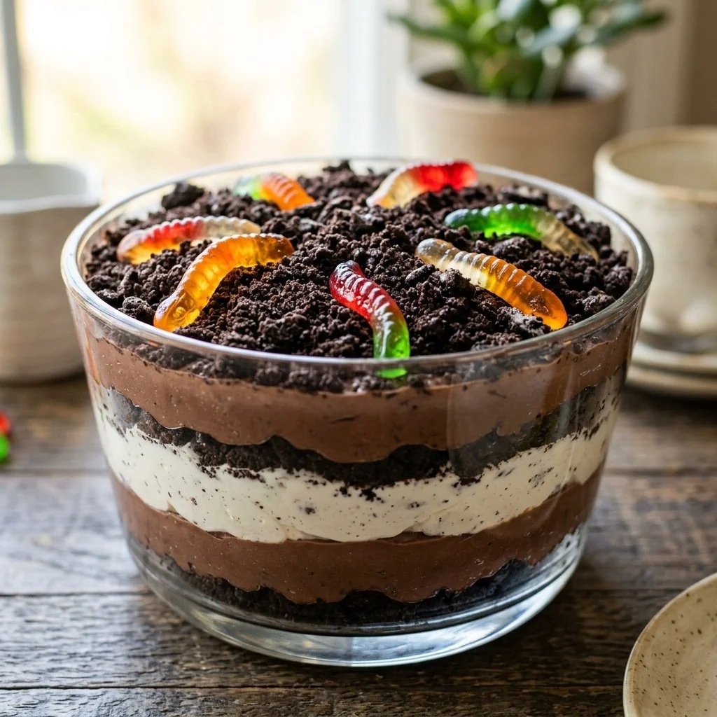 Delicious dirt cake dessert with chocolate and gummy worms topping.