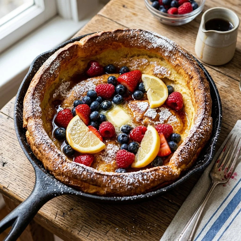 Fluffy Dutch Baby Pancake topped with fresh fruits and powdered sugar