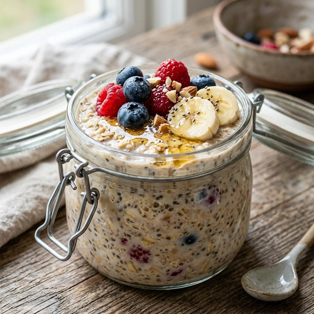 Bowl of easy overnight oats topped with fruits and nuts
