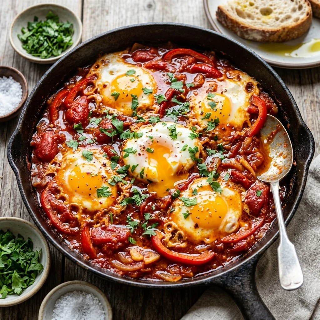 Delicious Shakshuka served in a skillet with eggs and tomatoes