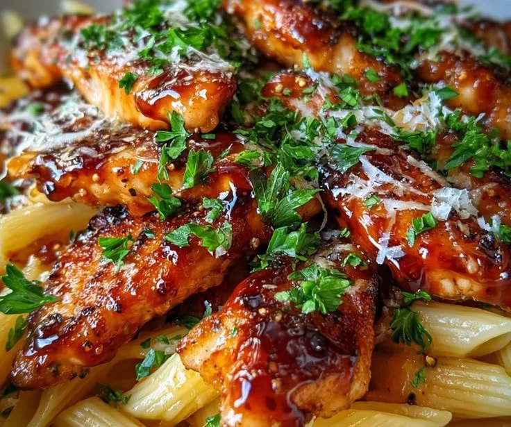 Delicious BBQ chicken pasta served in a bowl with fresh herbs and sauce