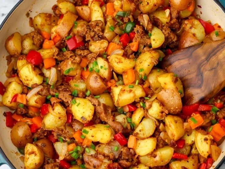 Delicious vegan breakfast hash with colorful vegetables and spices.