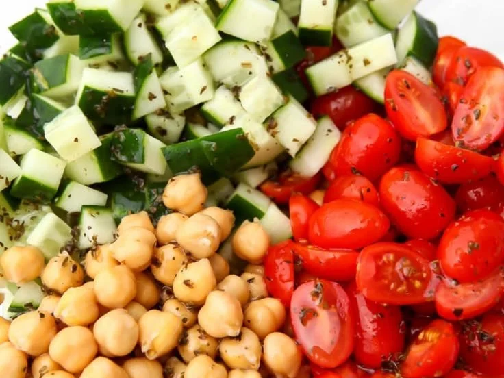 Delicious easy vegan chickpea salad with fresh veggies and herbs