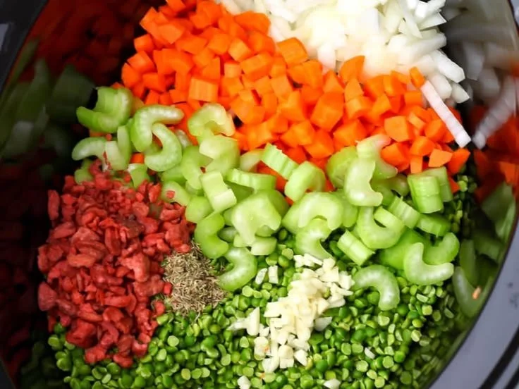 Bowl of easy vegan split pea soup garnished with herbs