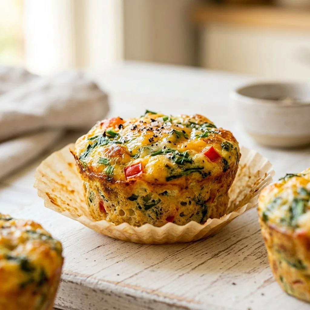 Healthy homemade egg muffins baked with vegetables and cheese.