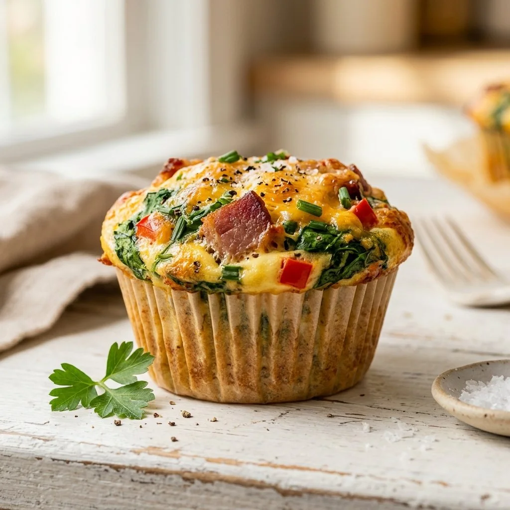 Homemade egg muffins with vegetables and cheese for breakfast