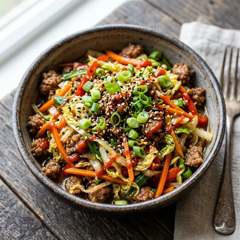 Egg roll in a bowl filled with colorful vegetables and savory sauce