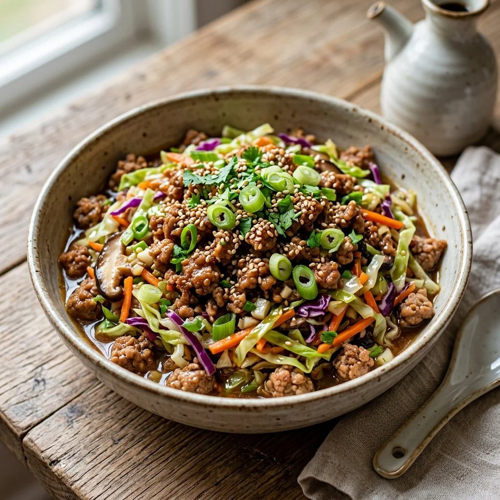 Delicious egg roll in a bowl full of veggies and savory seasoning