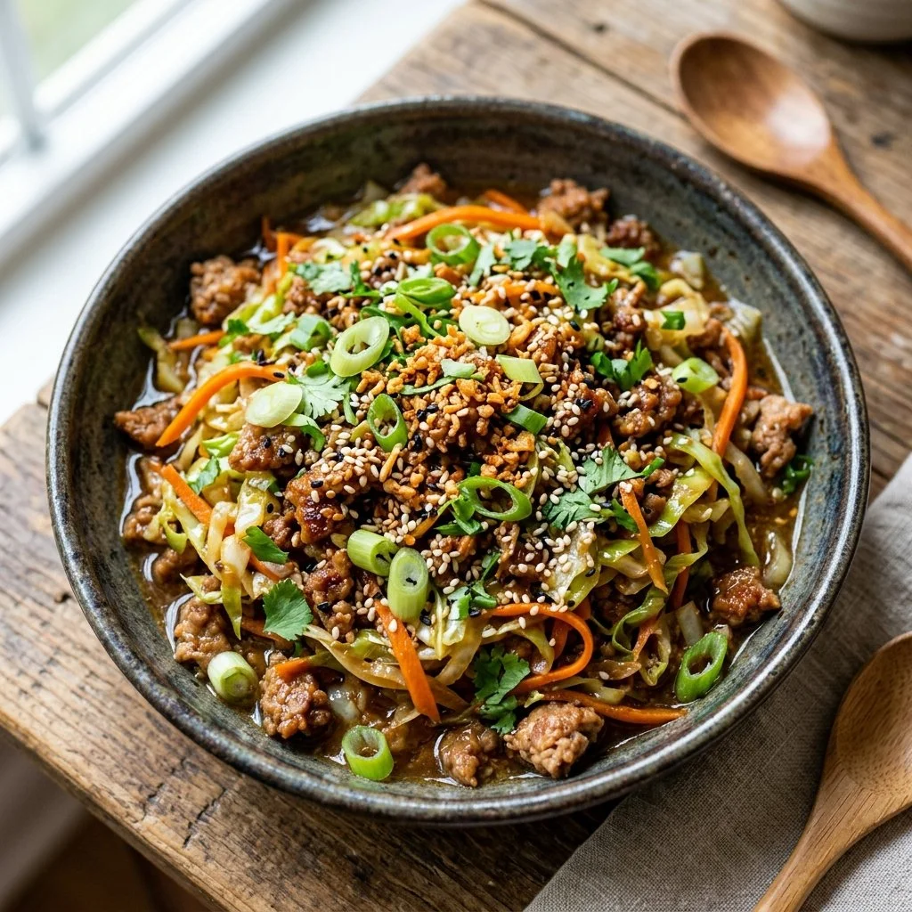 A colorful eggroll bowl filled with savory vegetables and protein, garnished for freshness.
