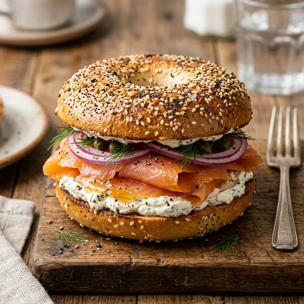 Everything bagel sandwich with cream cheese and fresh toppings