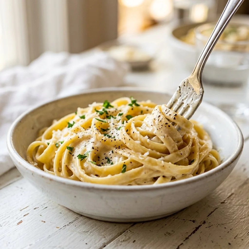 Delicious plate of fettuccine alfredo topped with parsley and parmesan cheese