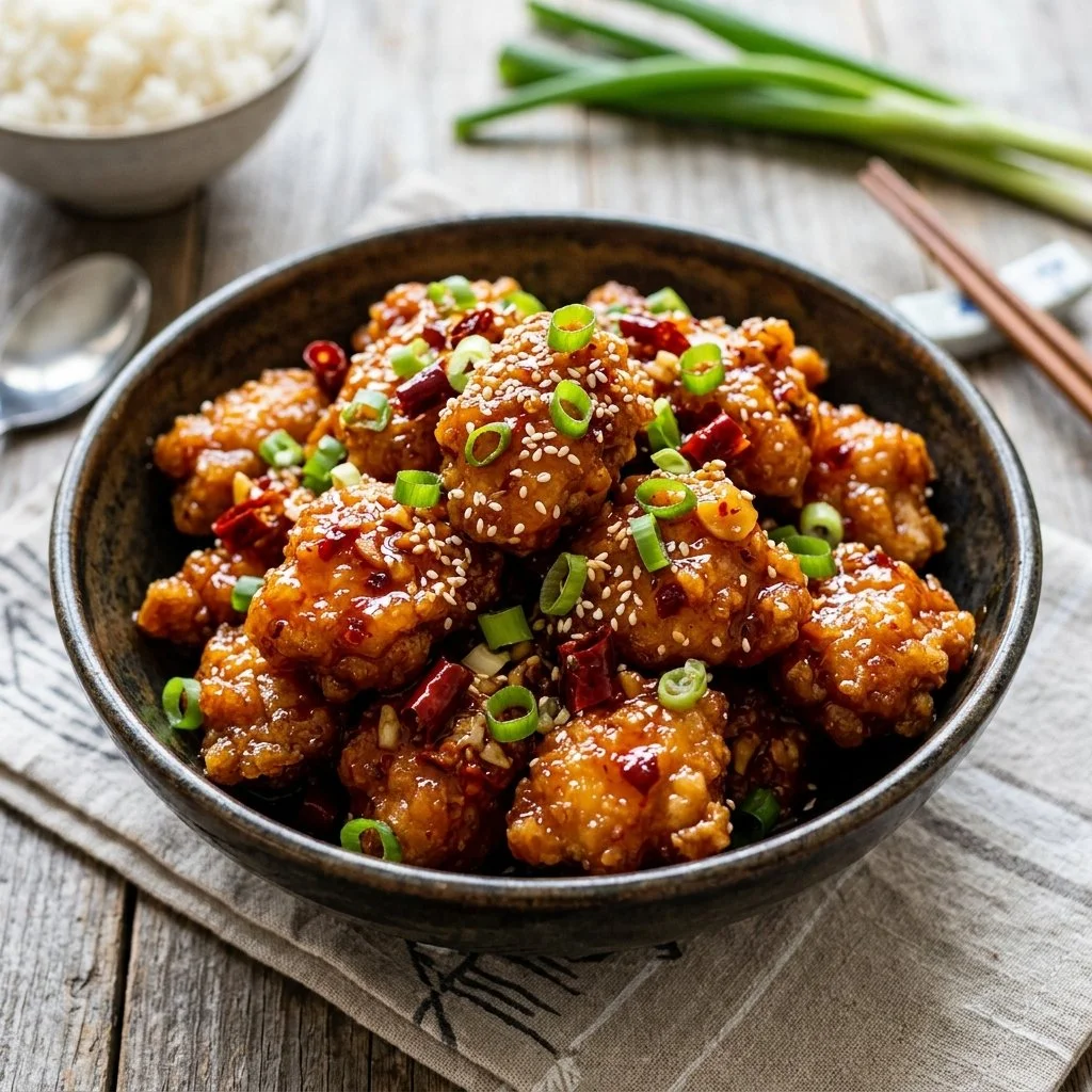 Delicious Firecracker Chicken served with rice and vegetables.