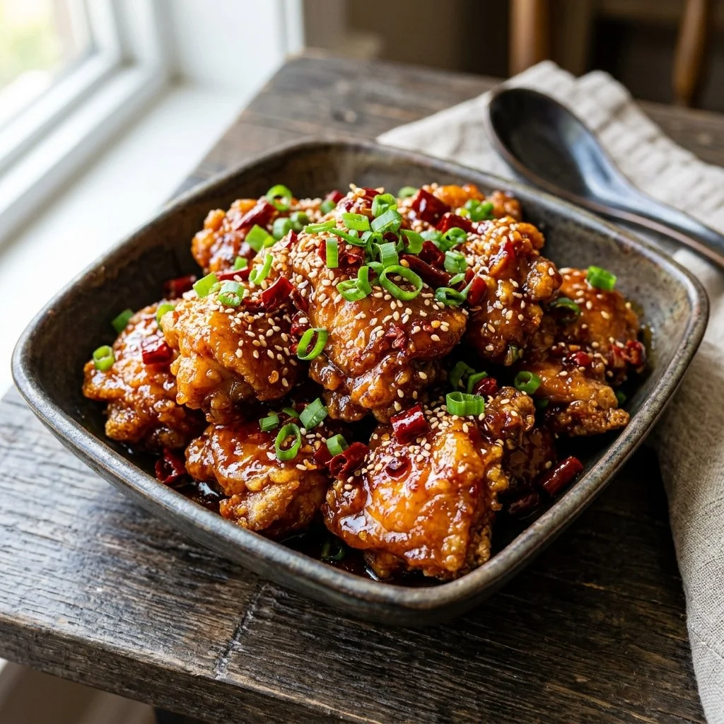 Plate of Firecracker Chicken with vibrant peppers and herbs