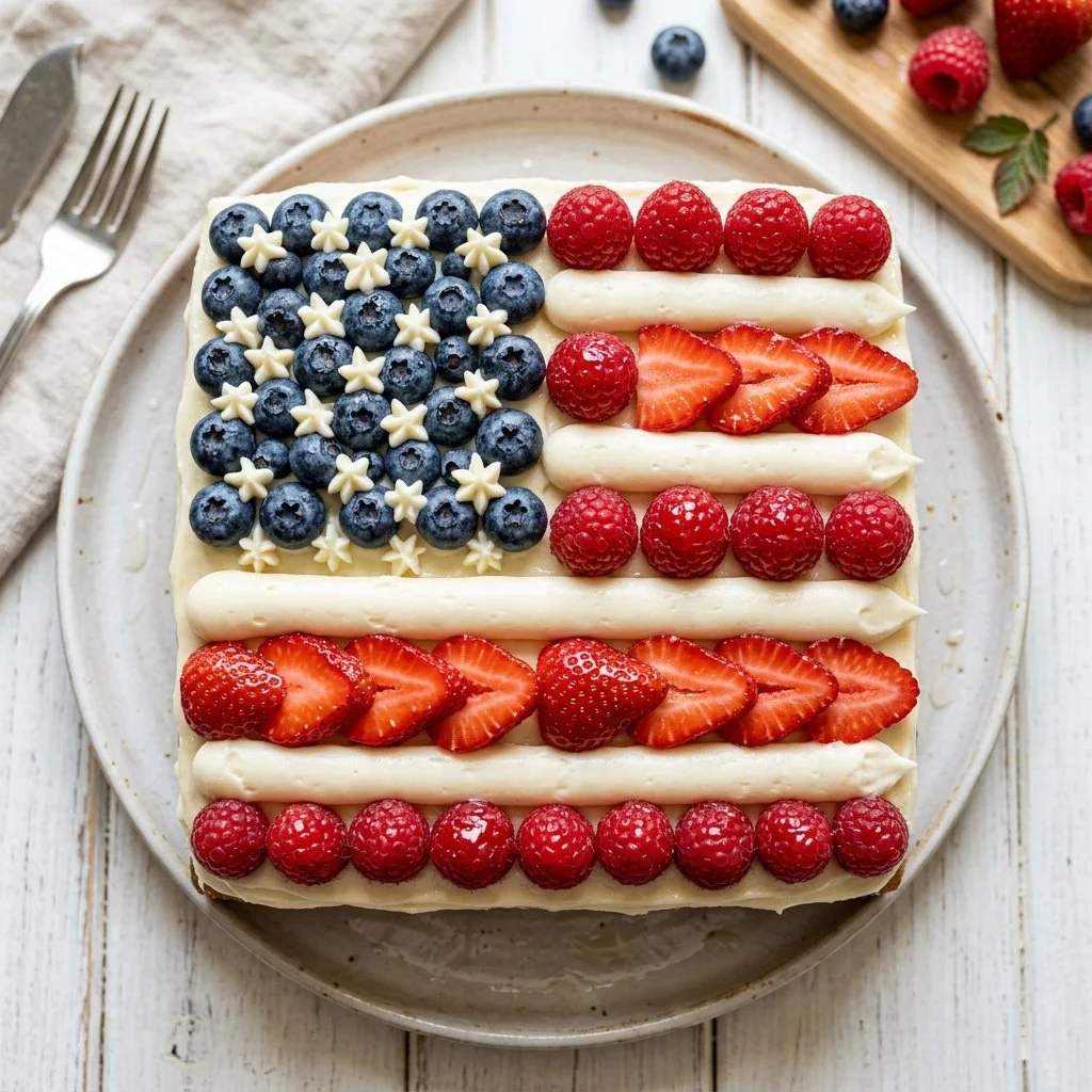 Delicious patriotic Flag Cake decorated with fresh berries and whipped cream.