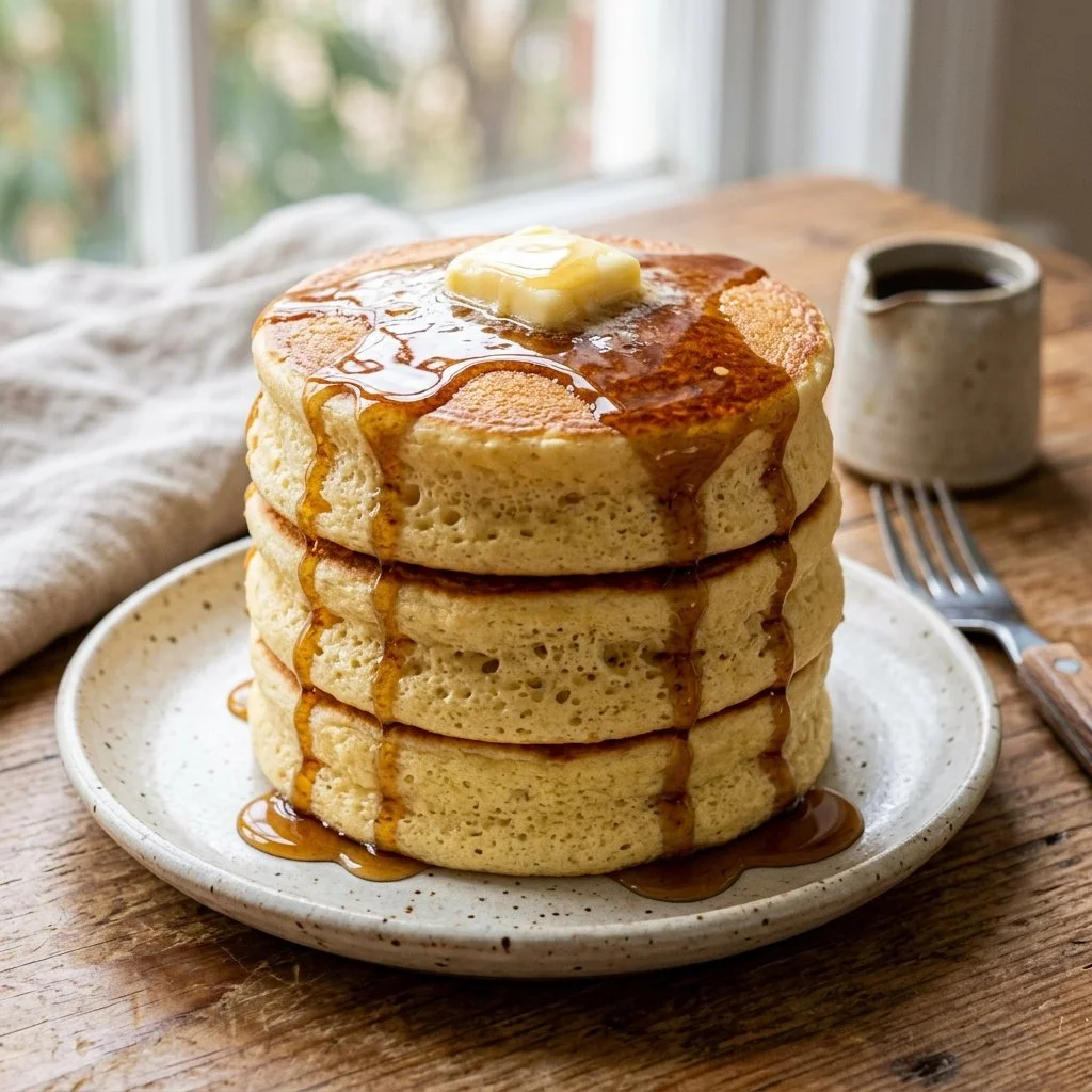 Delicious fluffy Japanese pancakes stacked on a plate with syrup and berries.