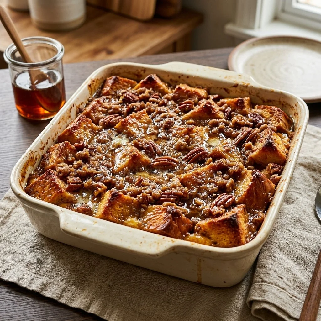 Delicious French Toast Casserole topped with syrup and berries