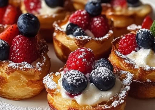 Delicious French toast cups served with syrup and fresh berries