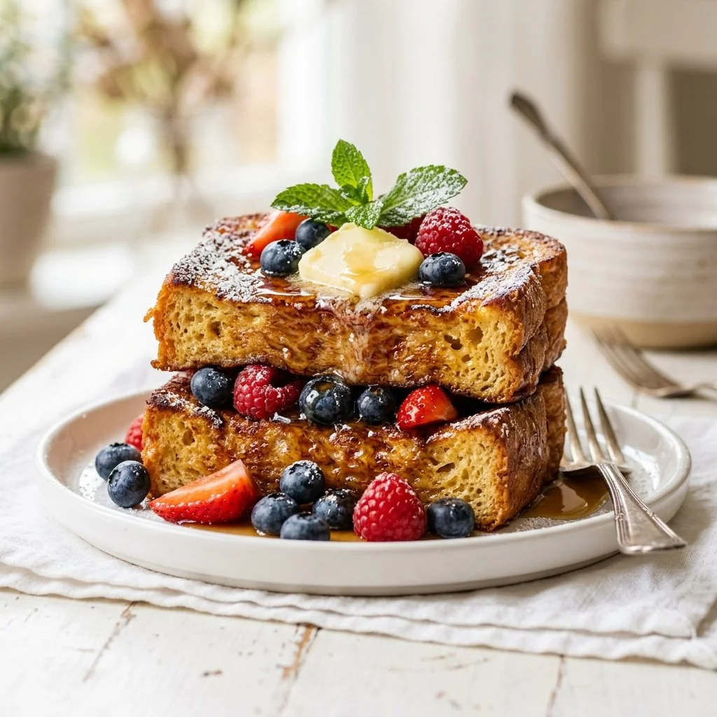 Golden brown French toast topped with syrup and fresh berries