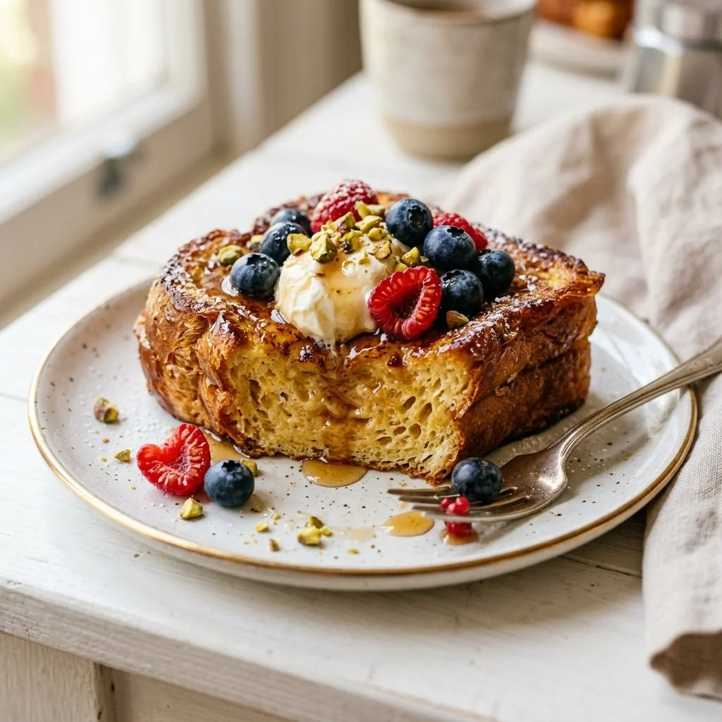 Delicious homemade French toast served with syrup and berries