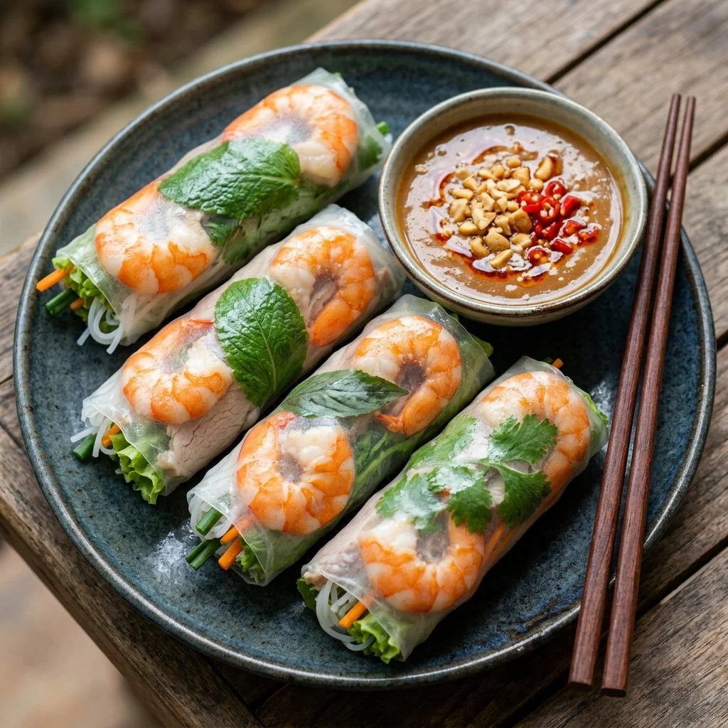 Delicious fresh spring rolls filled with colorful vegetables and herbs.