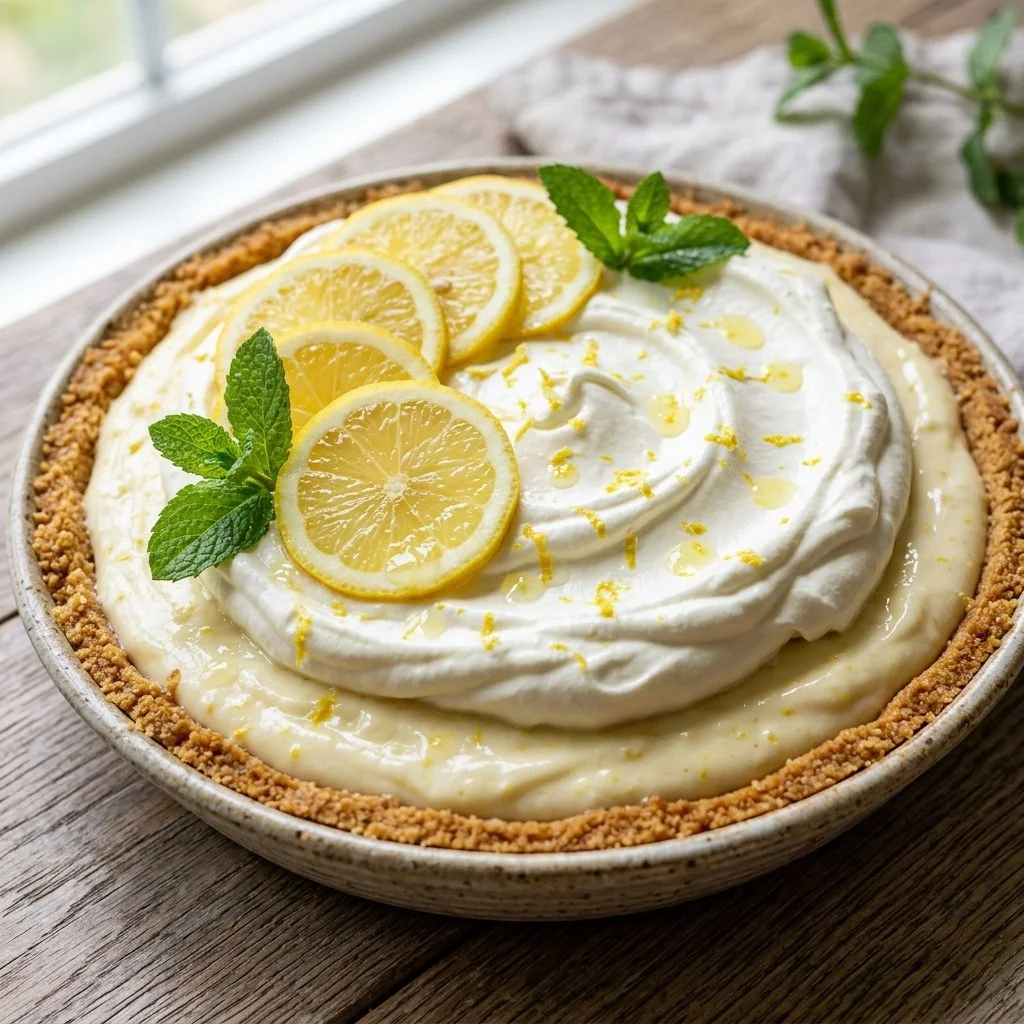 Slice of refreshing Frozen Lemonade Pie garnished with lemon slices