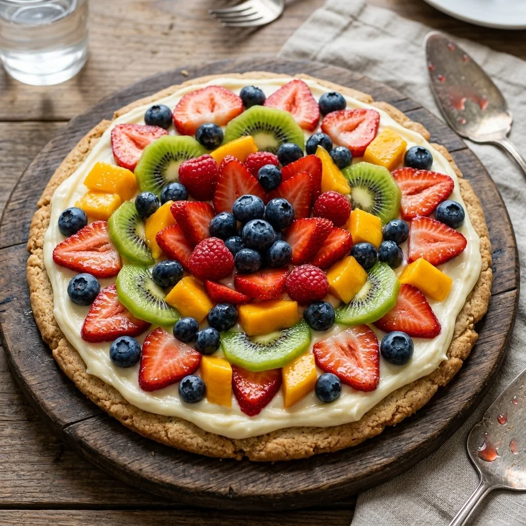 Colorful fruit pizza topped with fresh fruits on a sweet crust