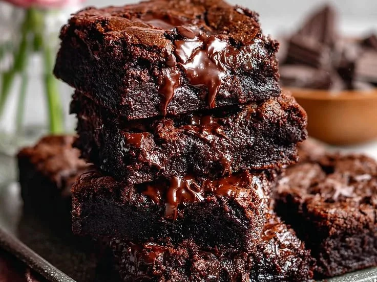 Fudgy no-sugar Greek yogurt brownies on a wooden table, garnished with chocolate chips.