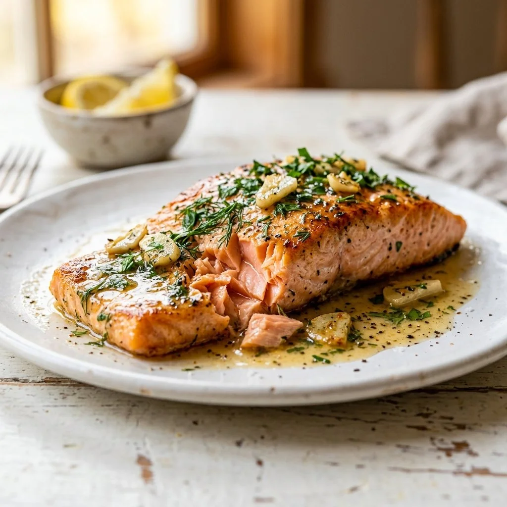 Garlic Butter Salmon dish garnished with herbs and lemon slices