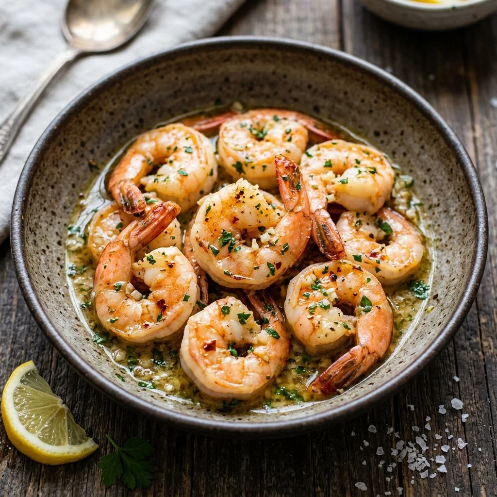 Delicious Garlic Butter Shrimp served in a sizzling pan with herbs.