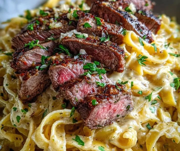 Creamy garlic butter steak alfredo pasta served in a bowl