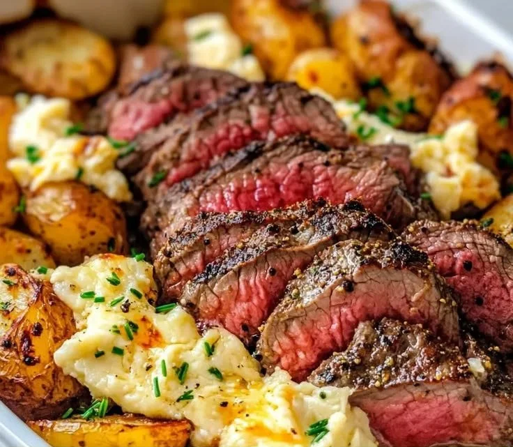 Garlic Butter Steak served with Cheddar Potato Bake on a plate