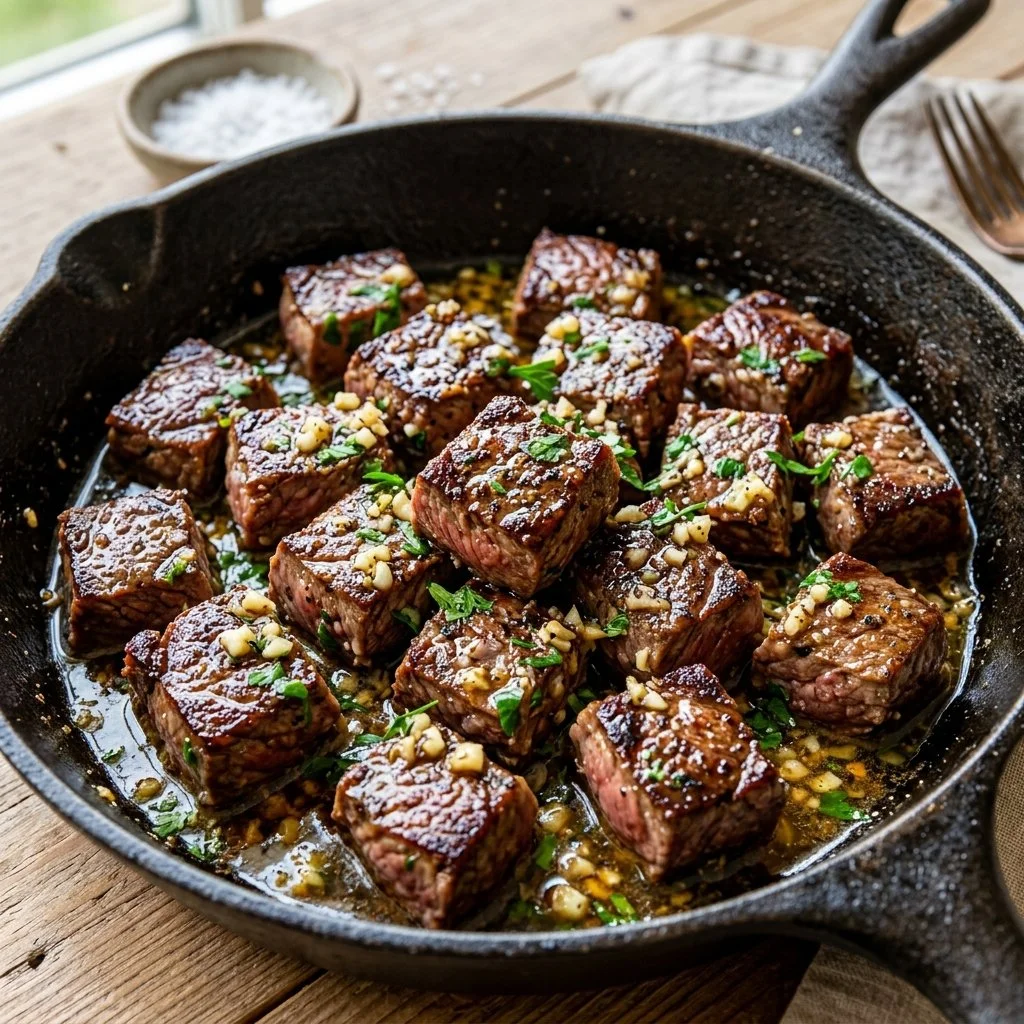 Delicious garlic butter steak bites served on a plate