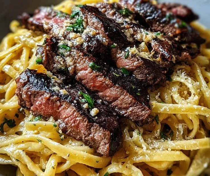 Garlic Butter Steak Lightning Noodles served in a bowl, garnished with herbs.