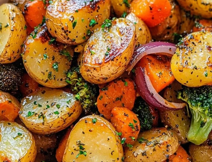 Delicious plate of garlic herb roasted potatoes with mixed vegetables