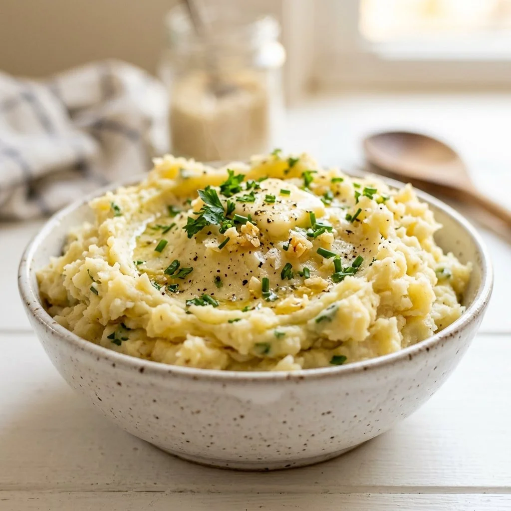 Creamy garlic mashed potatoes served in a bowl