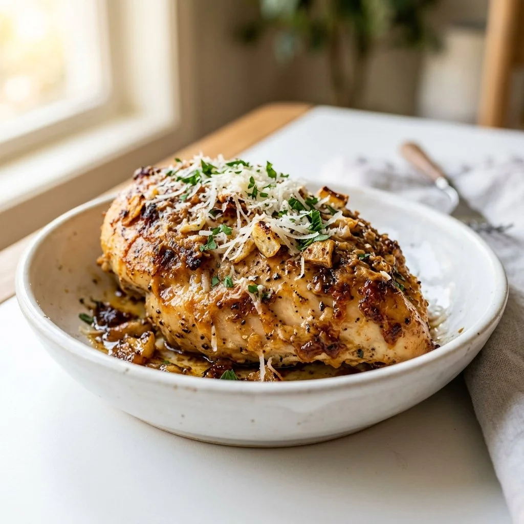 Garlic parmesan chicken served on a plate with garnish