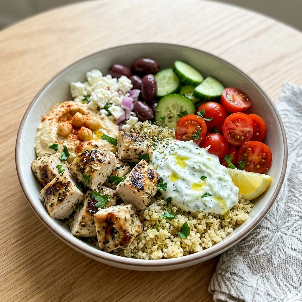 Delicious Greek Chicken Bowls topped with fresh vegetables and herbs.