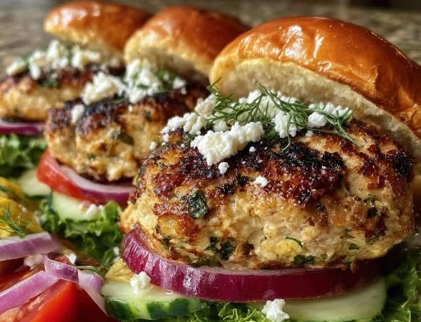 Healthy Greek Chicken Burgers served with fresh toppings and herbs