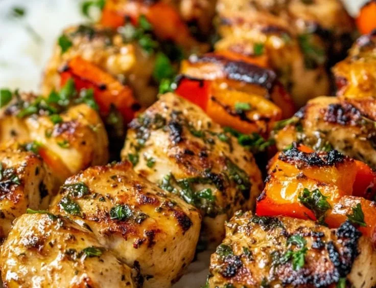 Greek marinated chicken kabobs on a grill with fresh vegetables.
